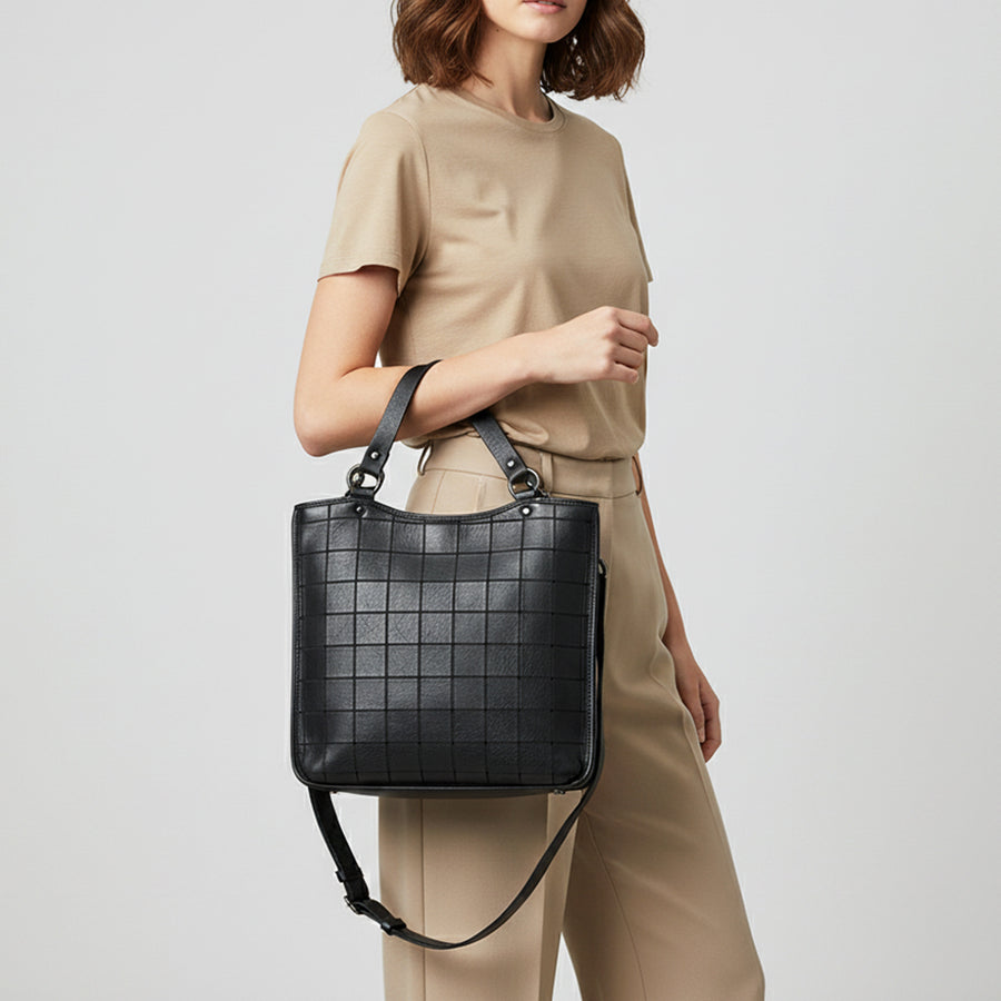 Spaghetti Western Genuine Leather Grid Hobo Tote Bag Cowhide Leather Shoulder Crossbody Bag