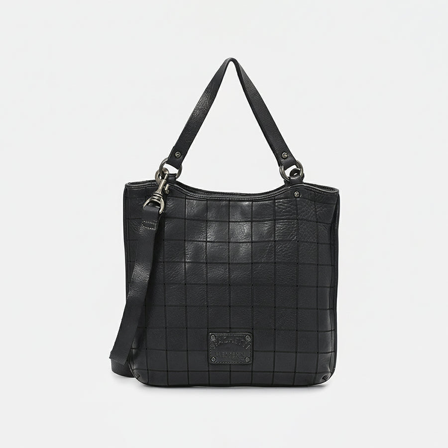 Spaghetti Western Genuine Leather Grid Hobo Tote Bag Cowhide Leather Shoulder Crossbody Bag
