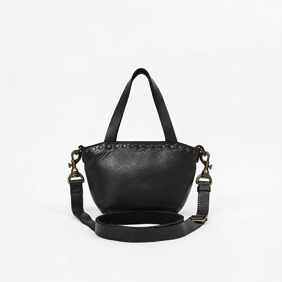 Spaghetti Western Mini Full Grain Leather Tote Bag for Women Small Bucket Style Handbag with YKK Zipper Rivet Detail