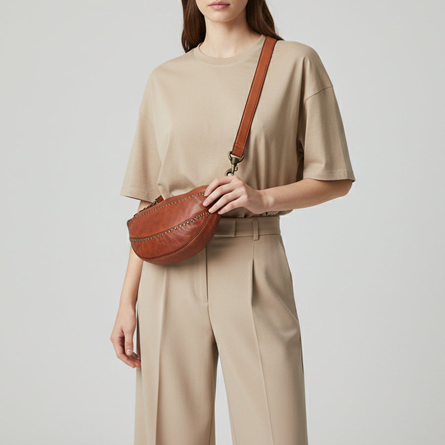 Spaghetti Western Bronzaro Leather Crescent Sling Bag Handcrafted Vegetable Tanned Full Grain Leather Crossbody