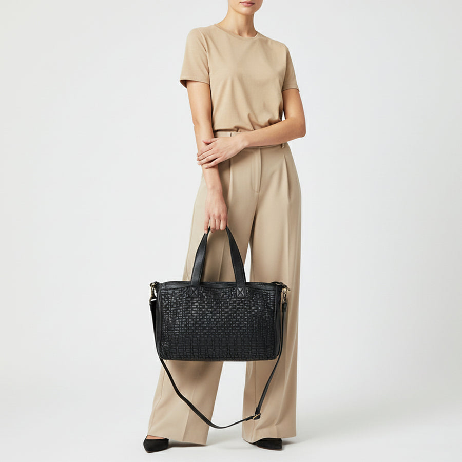 Spaghetti Western Leather Tote Bag for Women, Black Woven Purse