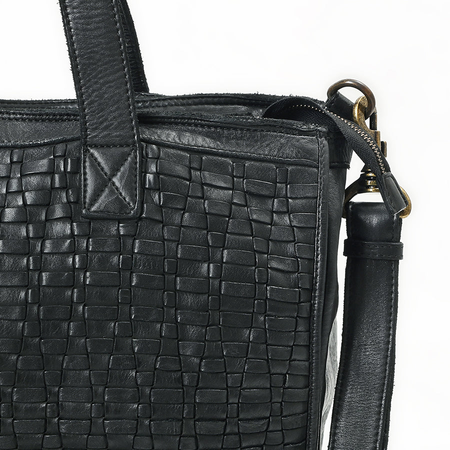 Spaghetti Western Leather Tote Bag for Women, Black Woven Purse