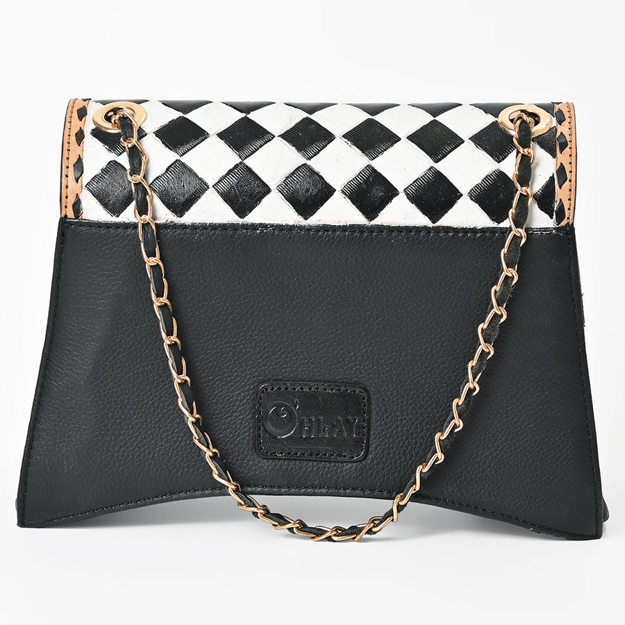 OHLAY High Fashion Checkered Flap Quilted Leather Crossbody Bag Black & White