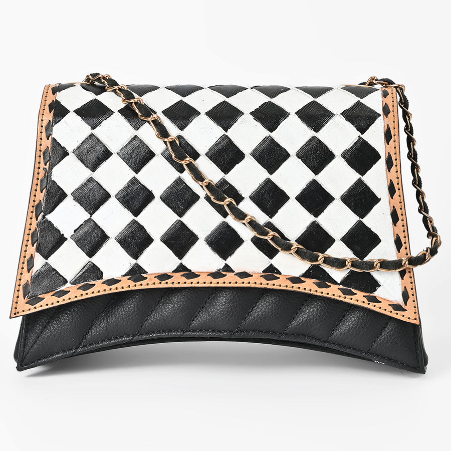 OHLAY High Fashion Checkered Flap Quilted Leather Crossbody Bag Black & White