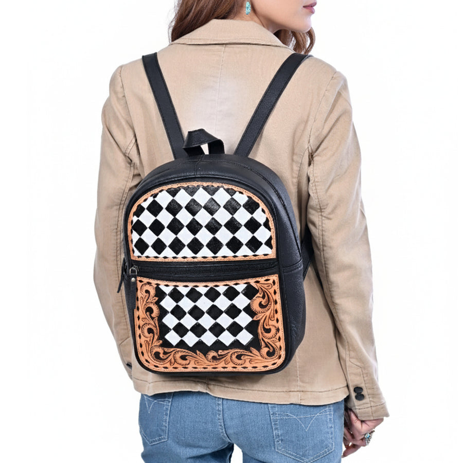 OHLAY Leather Backpack Hand-Tooled Floral Trim Black & White Checkered Panel