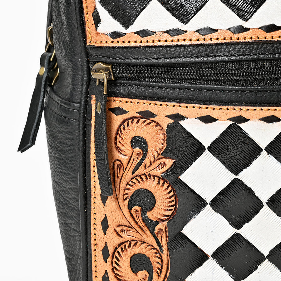OHLAY Leather Backpack Hand-Tooled Floral Trim Black & White Checkered Panel