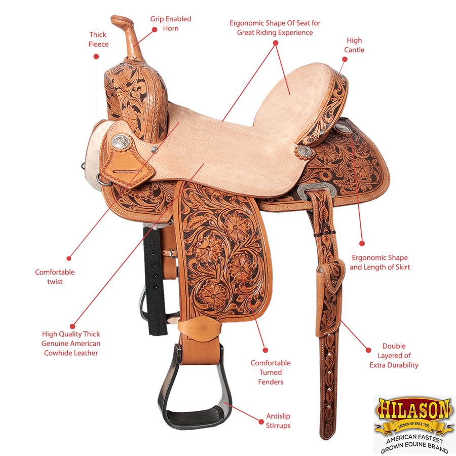 HILASON Flex Tree Western Horse Saddle in American Leather Barrel Trail | for Horses