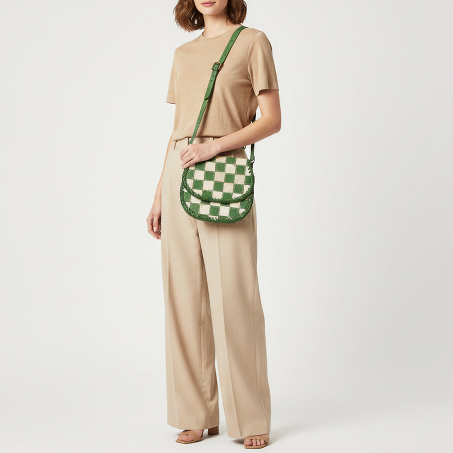 American Darling Checkered Flap Bag Mini Crossbody Style Braided Trim & Leather