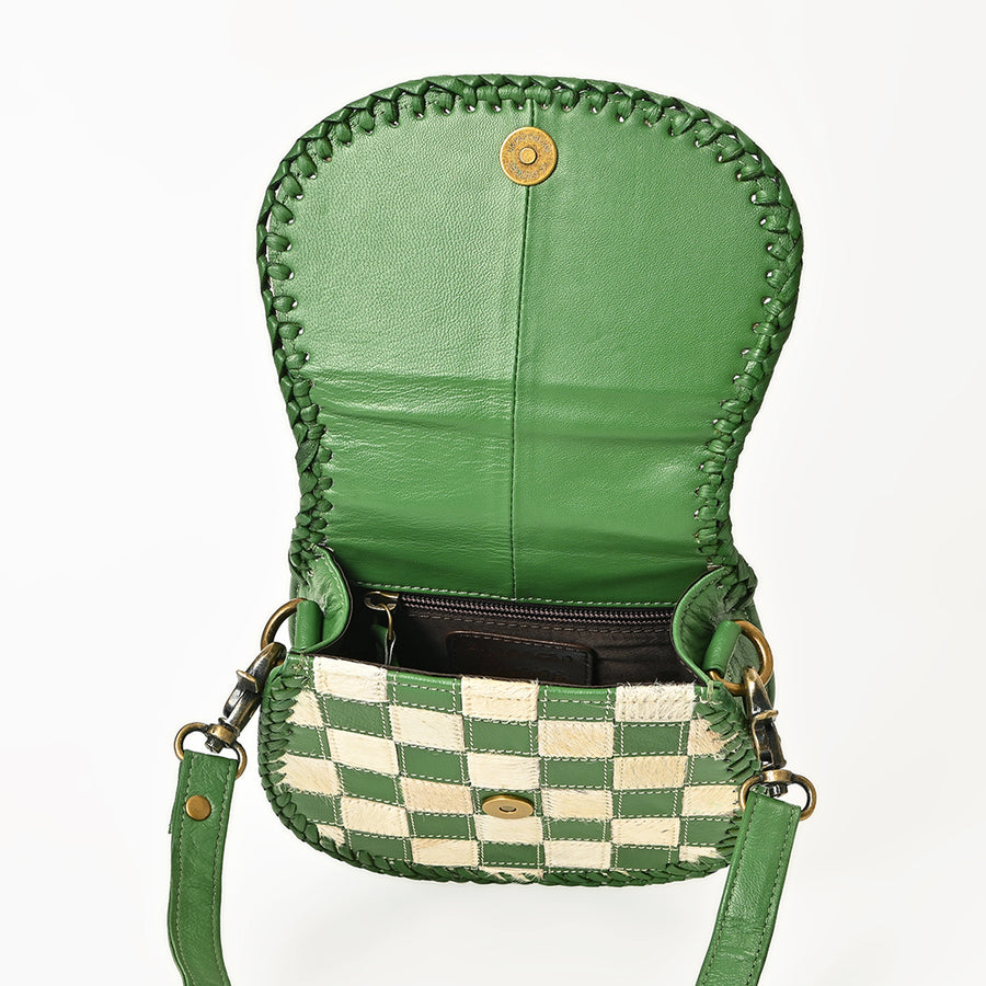 American Darling Checkered Flap Bag Mini Crossbody Style Braided Trim & Leather