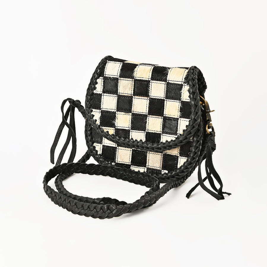 American Darling Checkered Flap Bag Mini Crossbody Style Braided Trim and Leather - Uhorse