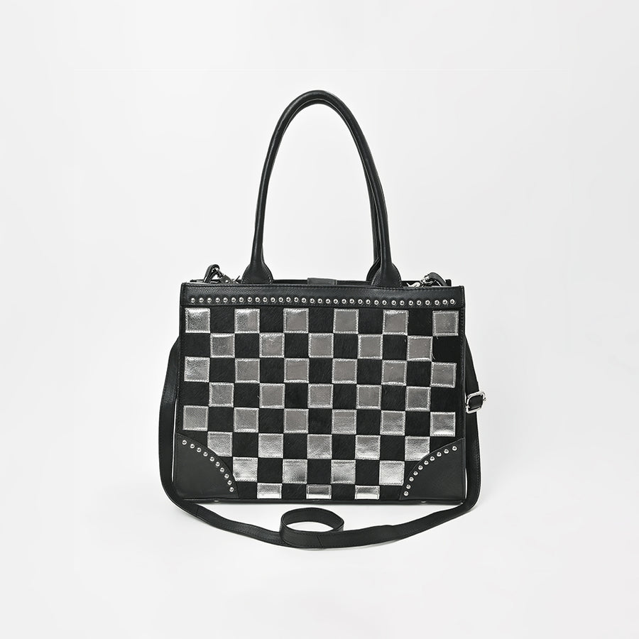 American Darling Black & Silver Checkered Leather Tote Bag with Studded Detail