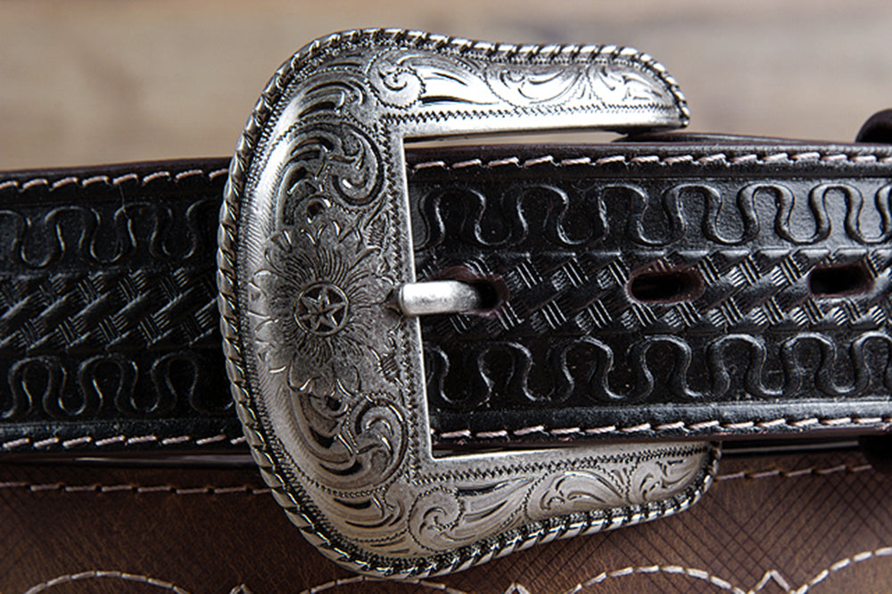 3D BELTS Brown Western Leather Belt with Woven Inlay & Antique Silver Buckle