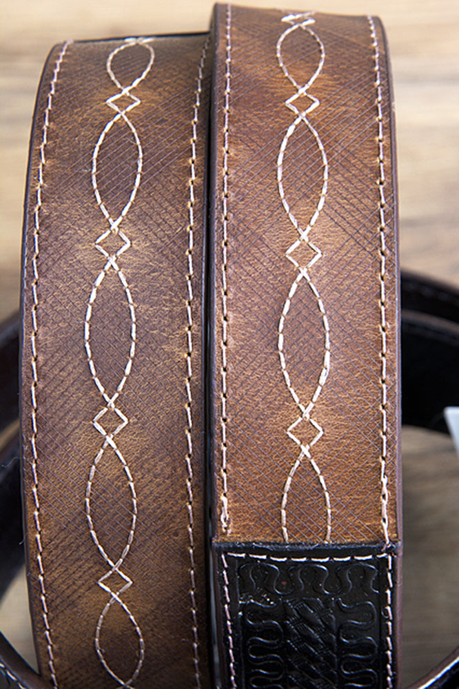 3D BELTS Brown Western Leather Belt with Woven Inlay & Antique Silver Buckle