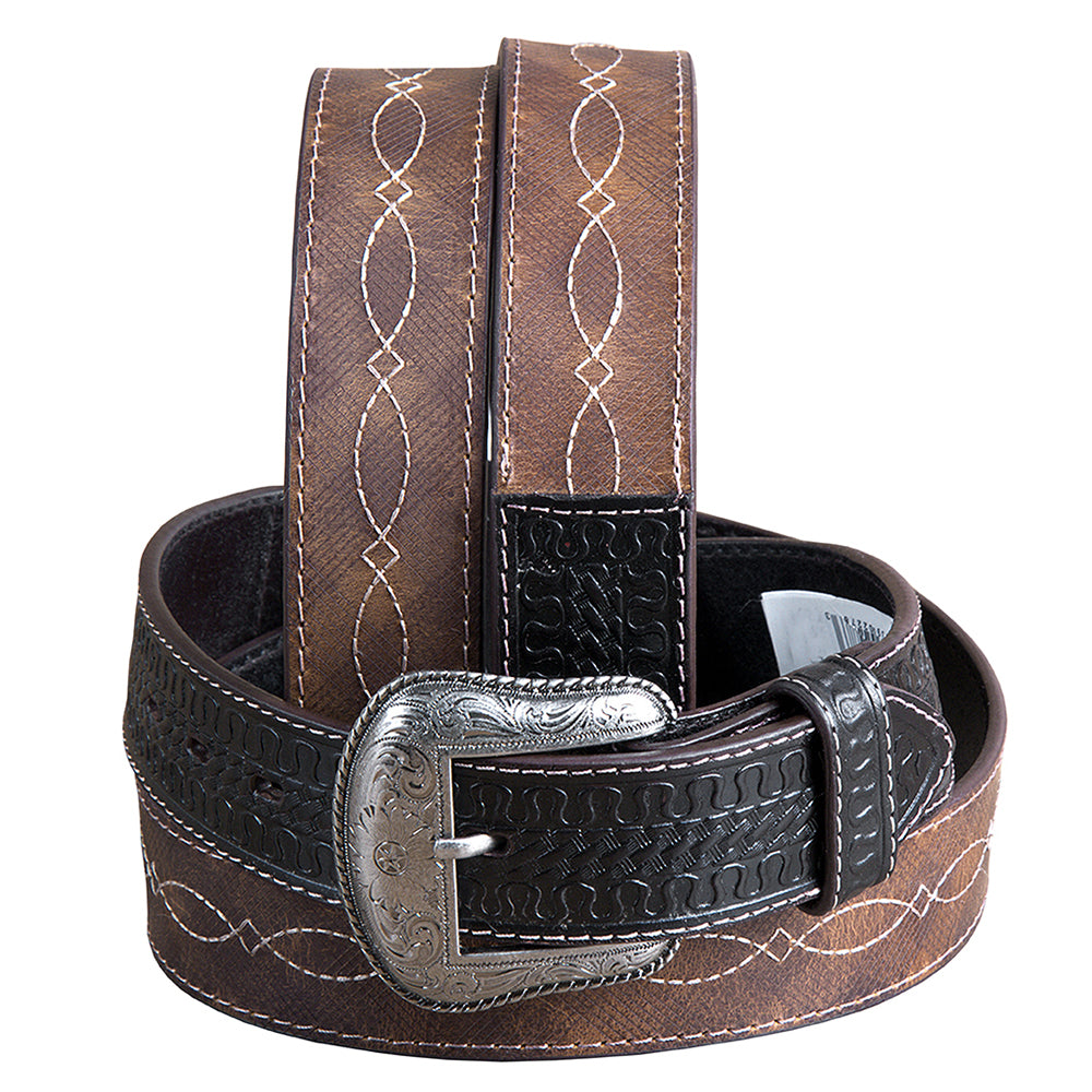 3D BELTS Brown Western Leather Belt with Woven Inlay & Antique Silver Buckle