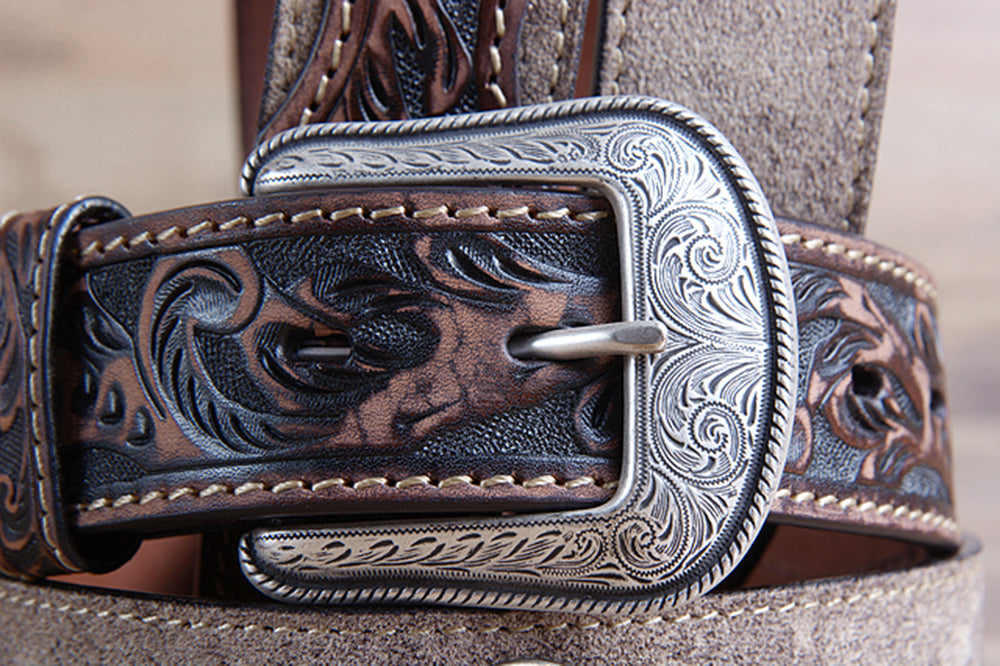 M&F Western Men's Tooled Brown Tan Suede Western Belt Star Conchos Silver Buckle