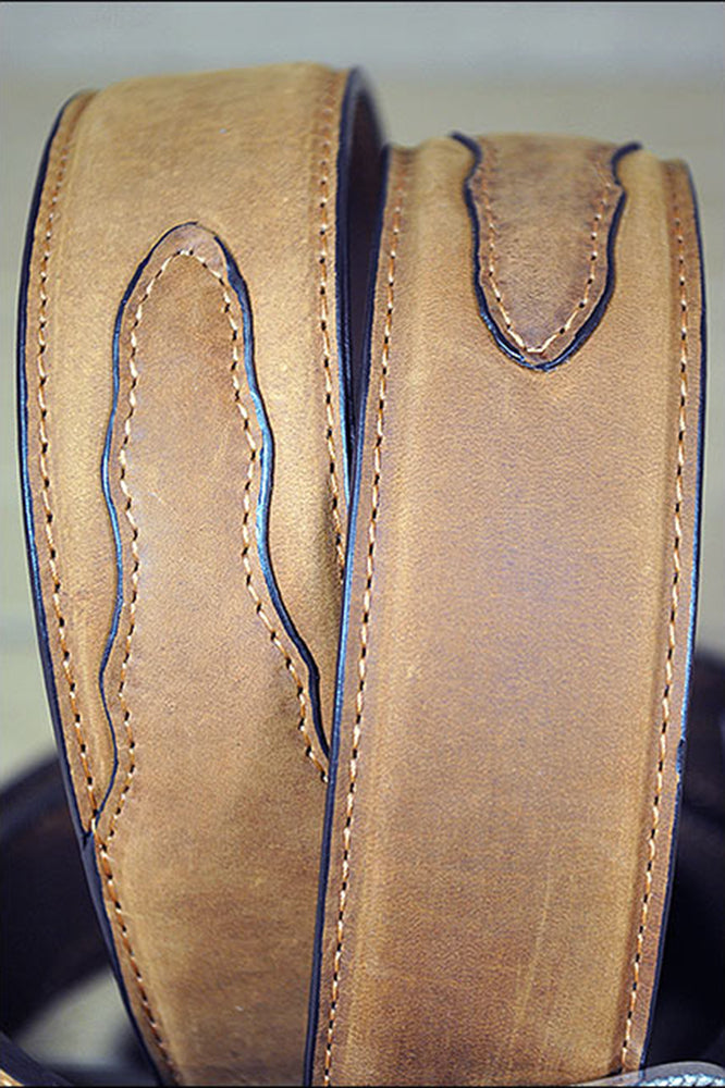 Rugged Tan Full-Grain Leather Belt Feathered Edge & Removable Silver Buckle