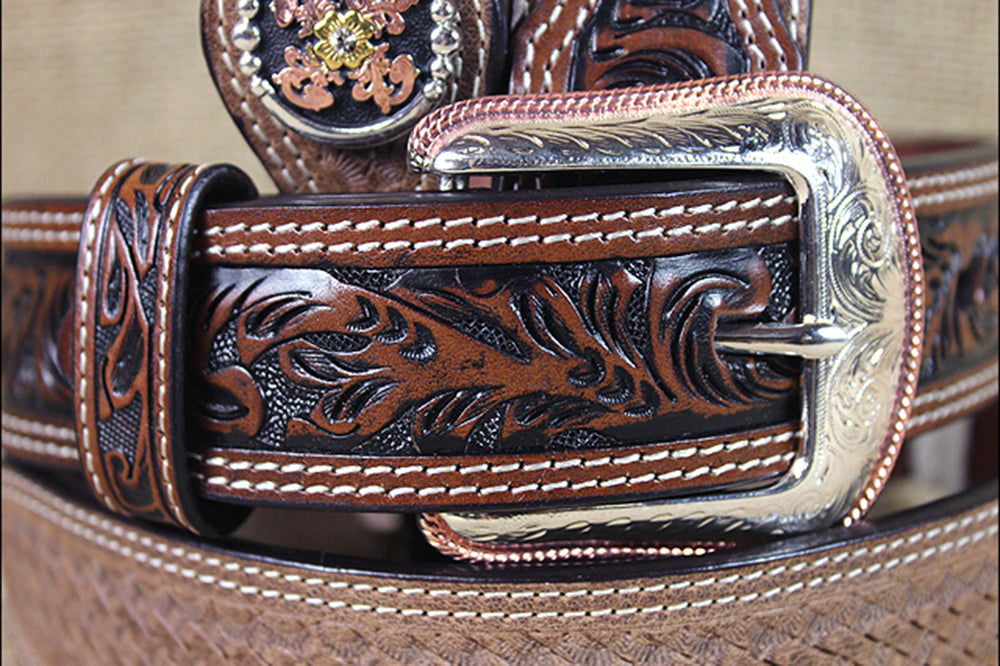 44 in 3D Belts 1 1/2 in Distressed Basket Weave Floral Leather Belt