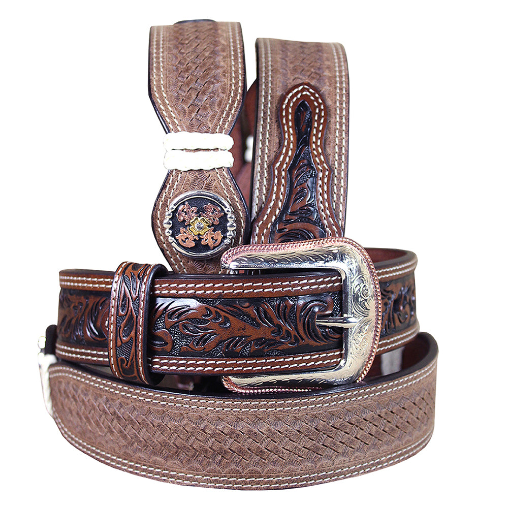 44 in 3D Belts 1 1/2 in Distressed Basket Weave Floral Leather Belt