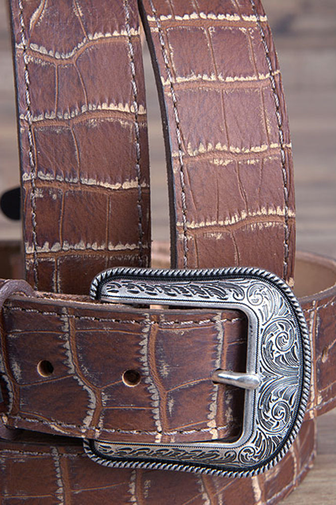 Vintage Brown Croc Print Leather Belt Single Stitch Engraved Silver Buckle