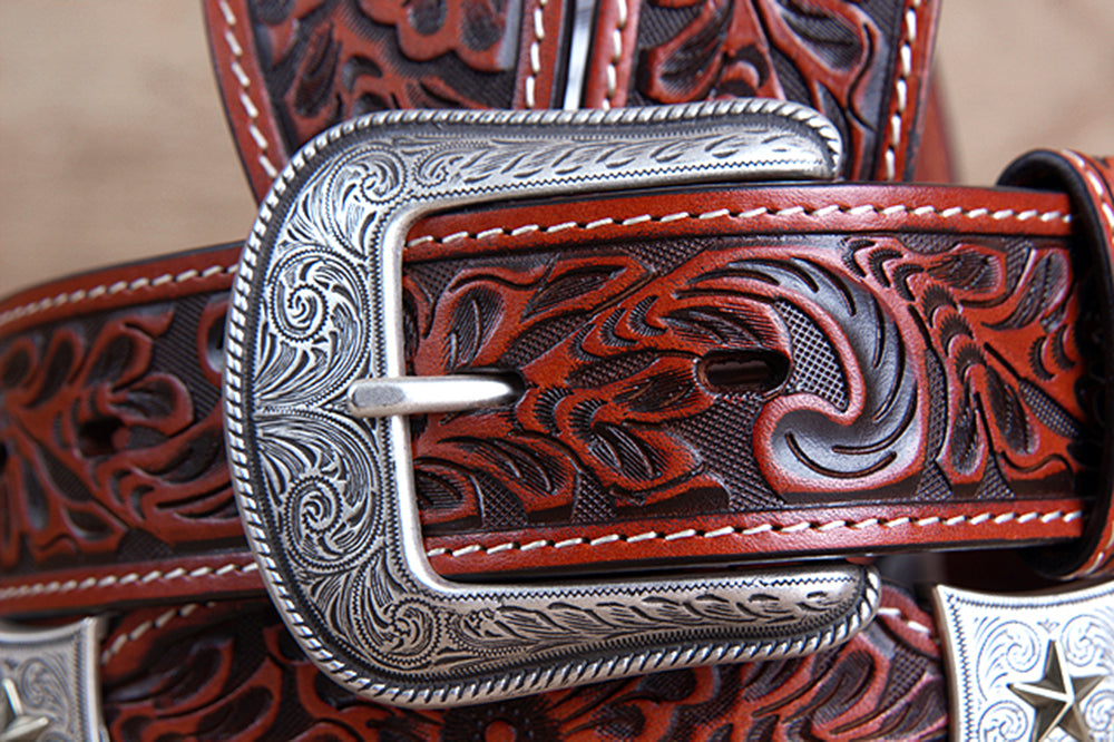 Cognac Brown Floral Embossed Full-Grain Leather Western Belt & Silver Buckle