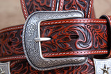 Cognac Brown Floral Embossed Full-Grain Leather Western Belt & Silver Buckle