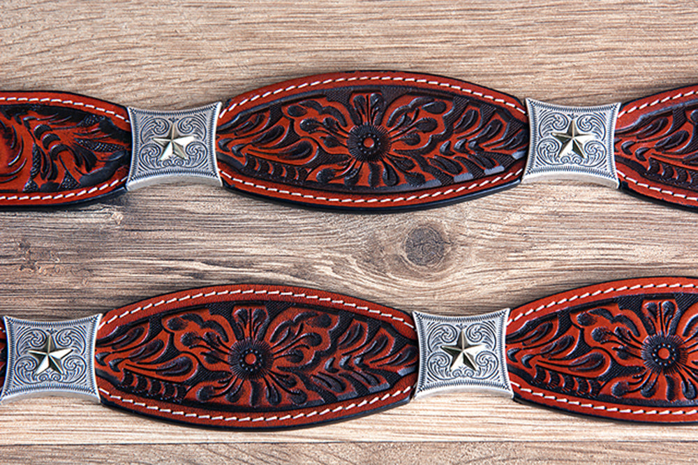 Cognac Brown Floral Embossed Full-Grain Leather Western Belt & Silver Buckle
