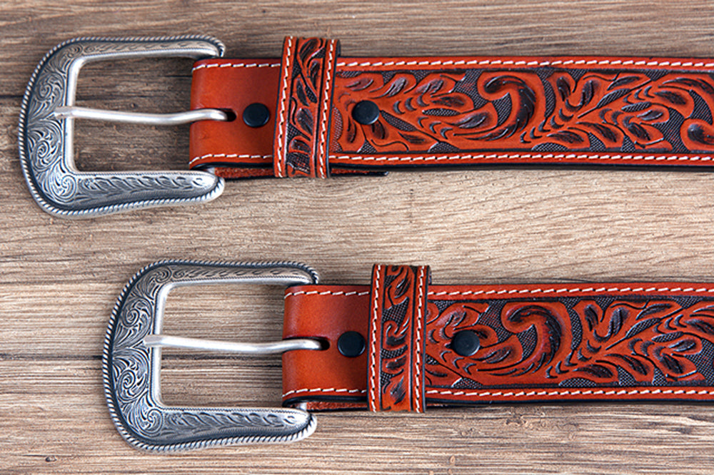 Cognac Brown Floral Embossed Full-Grain Leather Western Belt & Silver Buckle