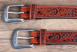 Cognac Brown Floral Embossed Full-Grain Leather Western Belt & Silver Buckle