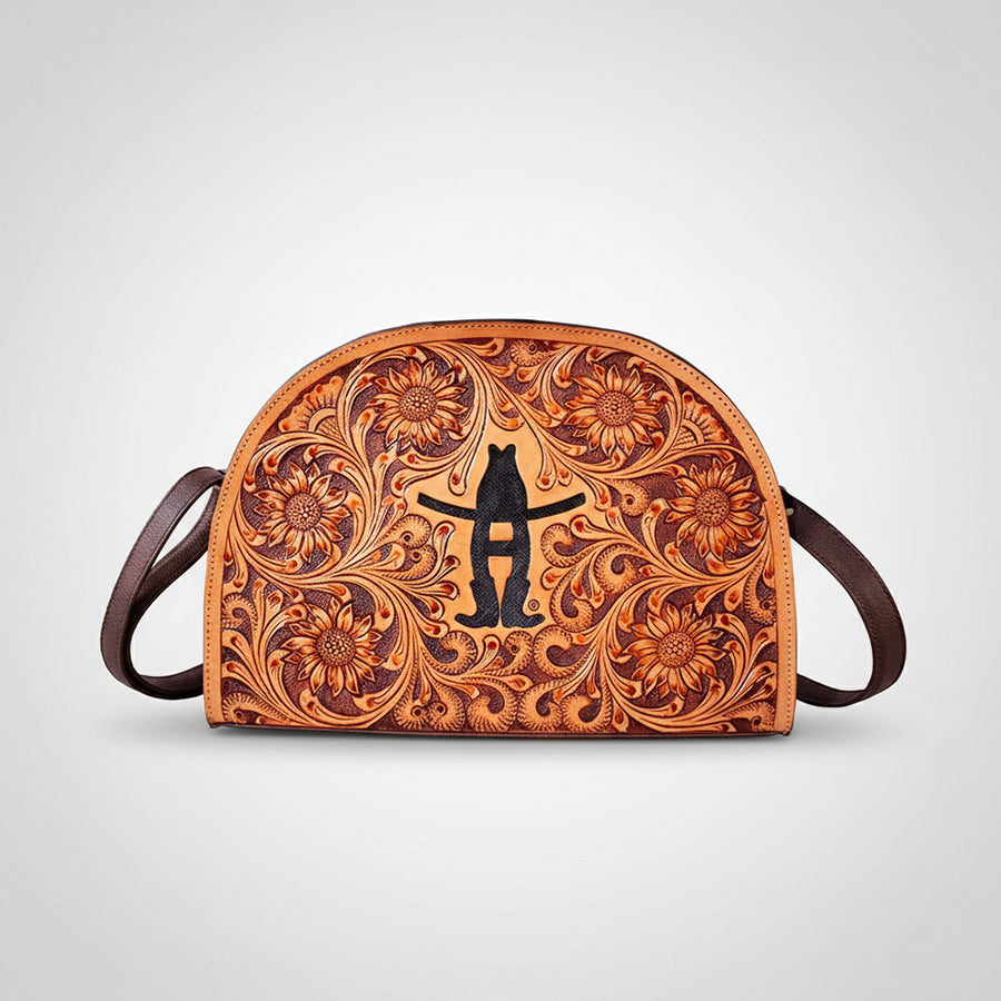 Legacy Rodeo Sunflower Hand-Tooled Genuine Leather Crossbody Bag Half-Moon Purse | Houston Livestock Show and Rodeo