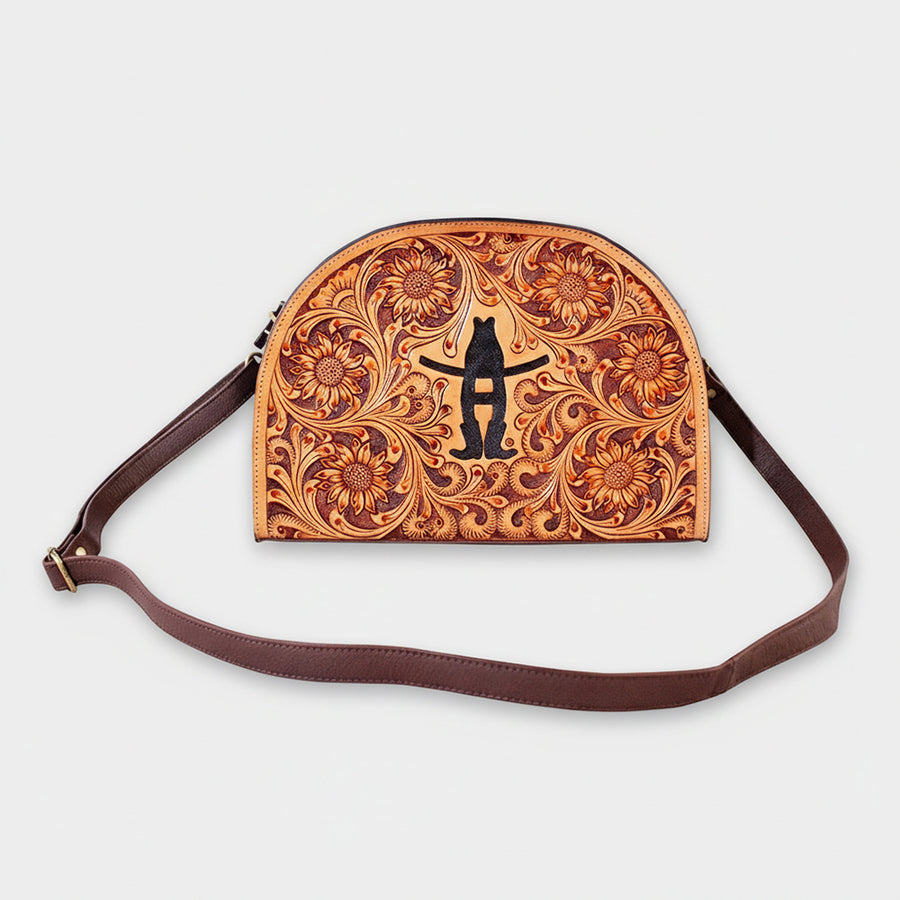 Legacy Rodeo Sunflower Hand-Tooled Genuine Leather Crossbody Bag Half-Moon Purse | Houston Livestock Show and Rodeo