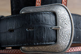 1-1/2" Black Croc Leather Western Cowboy Dress Belt Engraved Silver Buckle