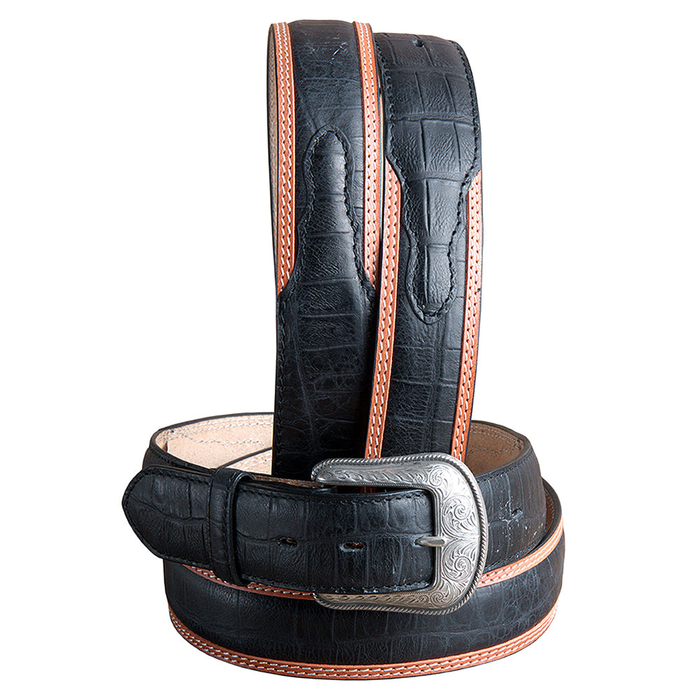 1-1/2" Black Croc Leather Western Cowboy Dress Belt Engraved Silver Buckle