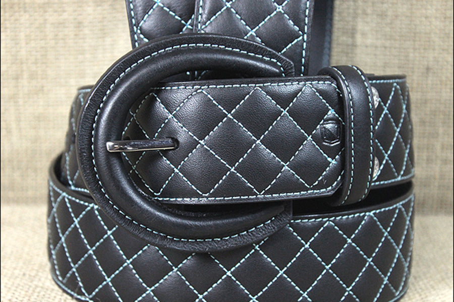 Noble Equestrian Classic Quilted Belt 2" Wide Full Grain Leather Contrast Stitching & Brass Hardware