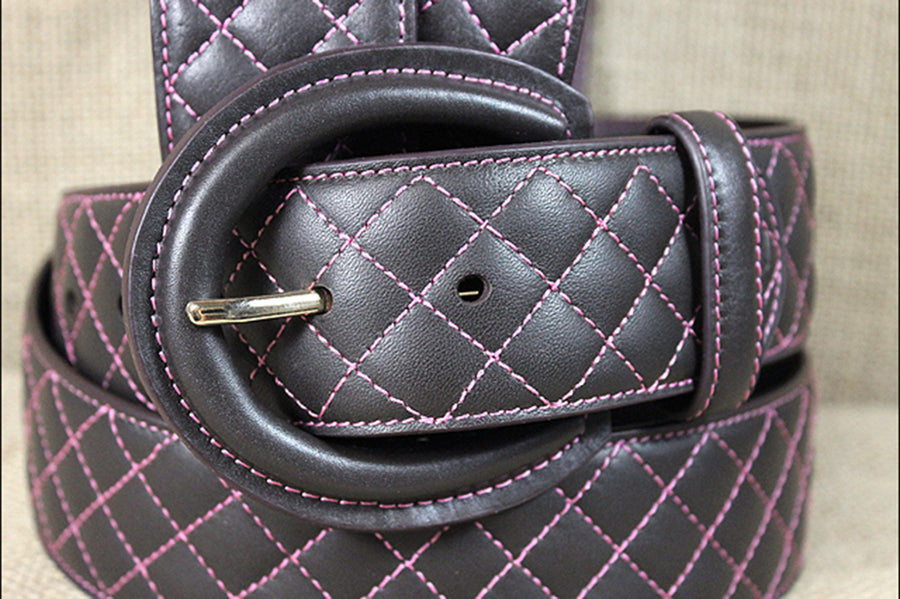 Noble Equestrian Classic Quilted Belt 2" Wide Full Grain Leather Contrast Stitching & Brass Hardware