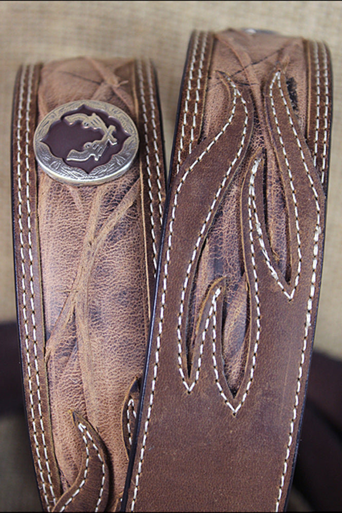 3D BELTS Men's Brown Leather Western Concho Belt Leaf Stitching Silver Buckle