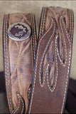 3D BELTS Men's Brown Leather Western Concho Belt Leaf Stitching Silver Buckle