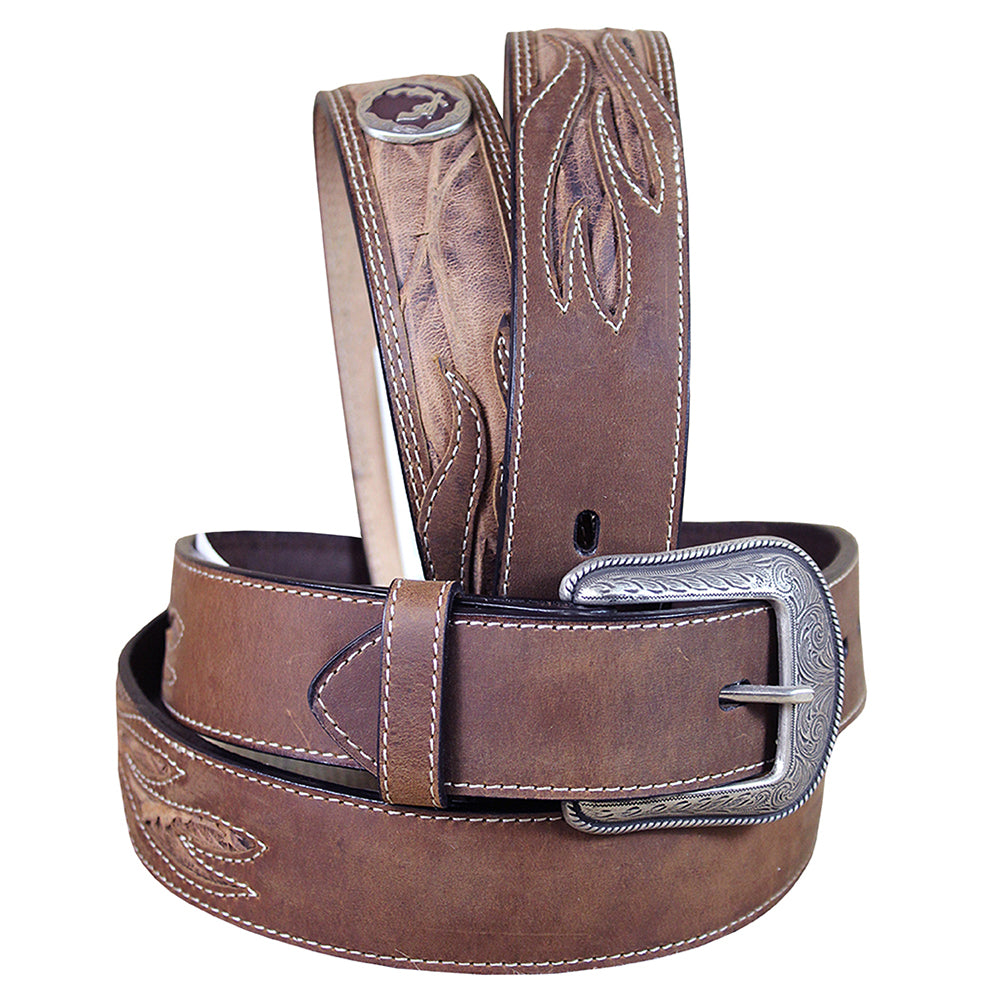 3D BELTS Men's Brown Leather Western Concho Belt Leaf Stitching Silver Buckle