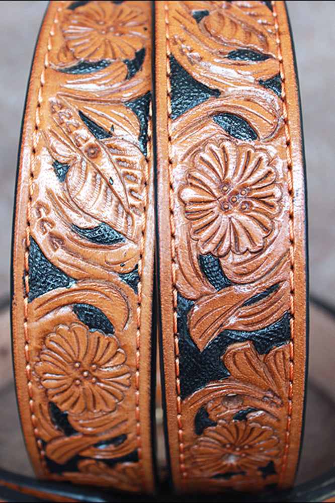 48 In HILASON Western Genuine Leather Hand Tooled Floral Carved Unisex Belt Tan