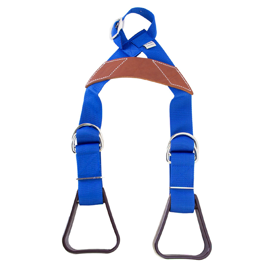 Blue nylon horse harness with brown leather shoulder piece - Uhorse