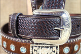 Dark Brown Tooled Leather & Hair-On Belt Blue Crystals Basketweave Silver Buckle