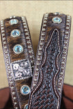 Dark Brown Tooled Leather & Hair-On Belt Blue Crystals Basketweave Silver Buckle