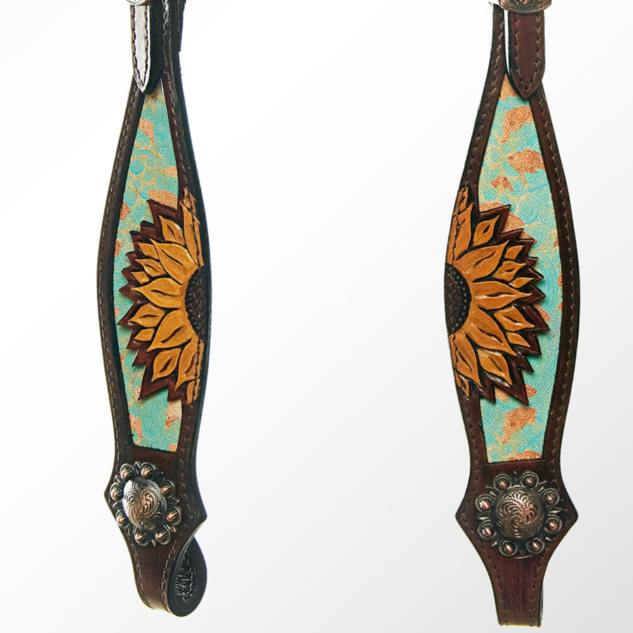 HILASON One-Ear Headstall Floral Hand-Painted Turquoise Premium Skirting Leather