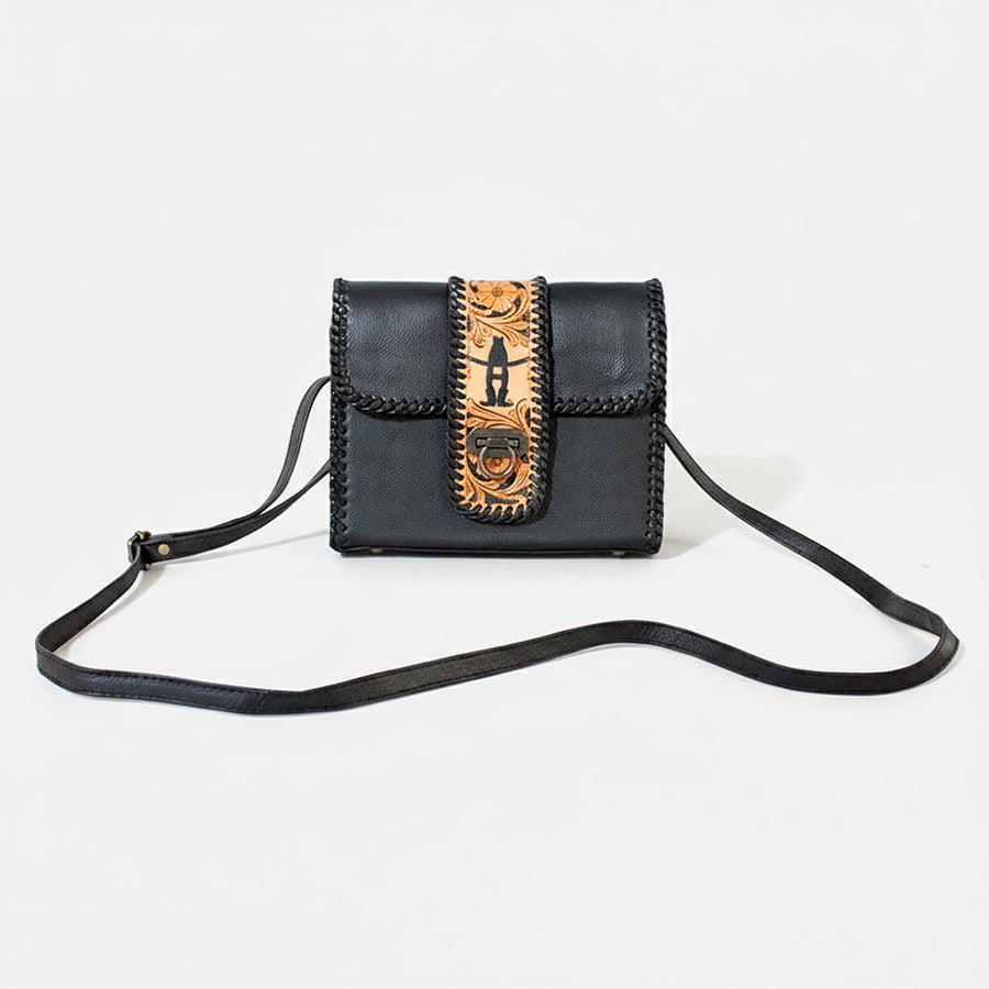 Laurel Rodeo Hand-Tooled Genuine Leather Crossbody Shoulder Bag Black | Houston Livestock Show and Rodeo