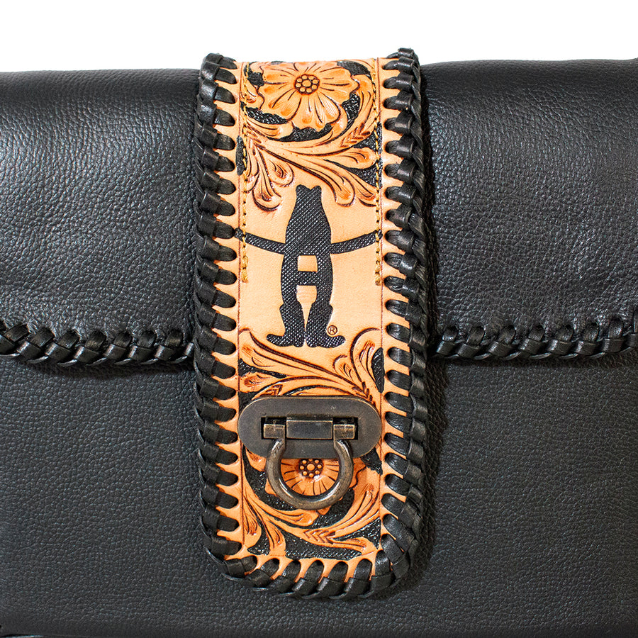 Laurel Rodeo Hand-Tooled Genuine Leather Crossbody Shoulder Bag Black | Houston Livestock Show and Rodeo
