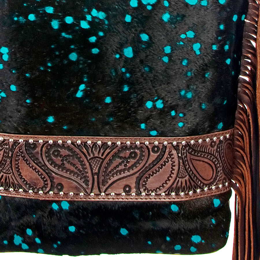American Darling Large Cross body Bag Hand Tooled Floral Carved Leather Hair-On Cowhide with Fringes