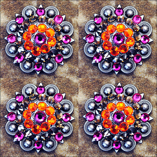 Western Screw Back Concho 1.5 In Fuchsia Orange Crystal Bling Saddle