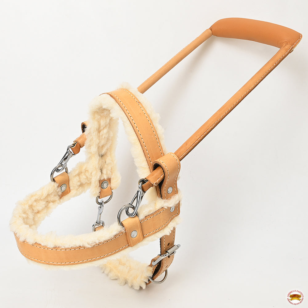 HILASON Guide Dog Harness Tan Fleece Padded Genuine Leather with Handle Adjustable Straps for Training Breathable Therapy