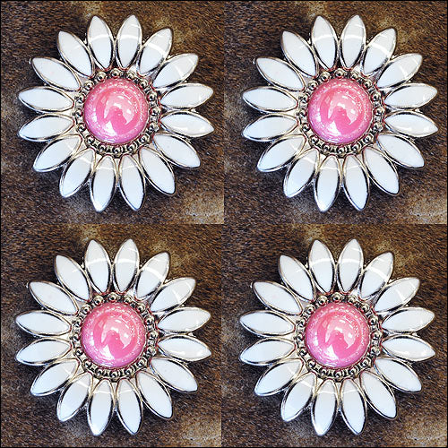 Western Screw Back Concho White Enamel Pink Stone Sunflower Saddle