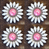 Western Screw Back Concho White Enamel Pink Stone Sunflower Saddle