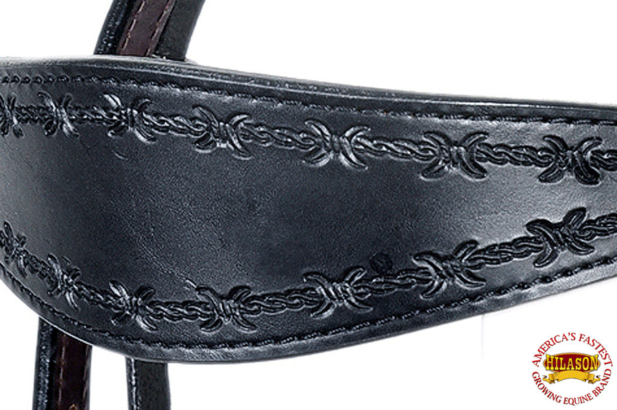 HILASON Western Horse Headstall Breast Collar Set Genuine American Leather Barb Wire Black | For Horses